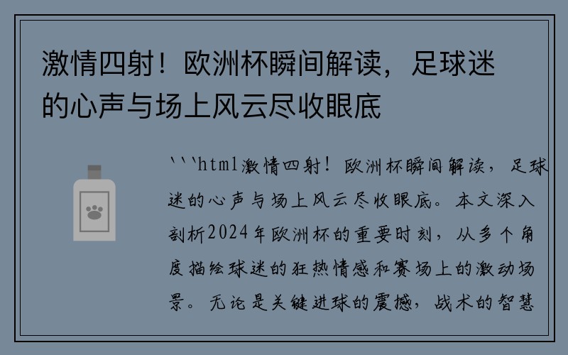 激情四射！欧洲杯瞬间解读，足球迷的心声与场上风云尽收眼底